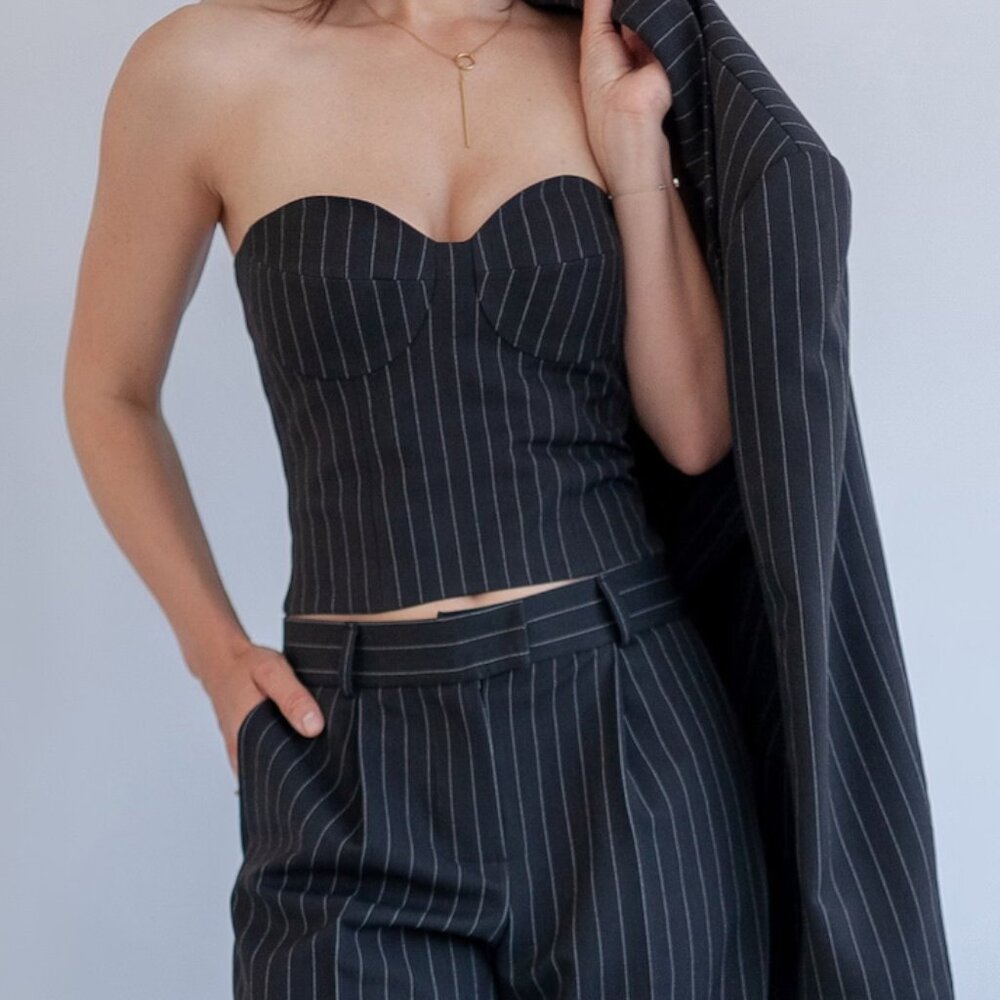 NAJEbrand - Pinstripe Bustier Corset Top: Strapless Fitted Gabardine (NWOT)